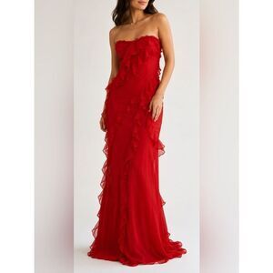Oh Polly Red Ruffle Maxi Dress Size 2 Strapless Formal Gown